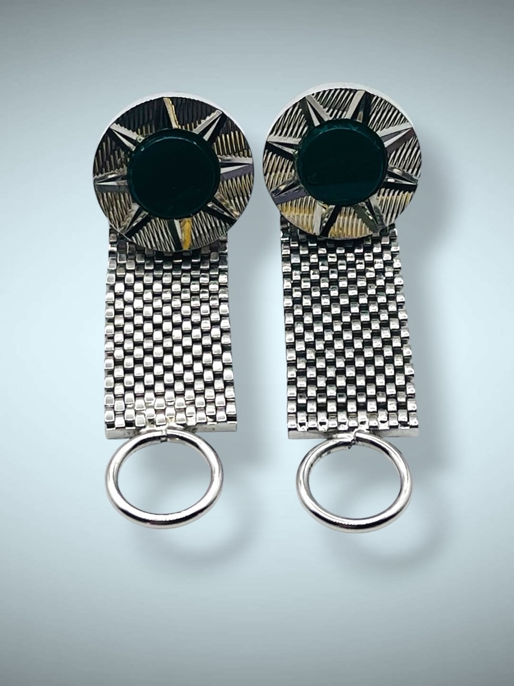 Vintage Mid Century Silver Tone Green Cabochon Mesh Wrap Cufflinks